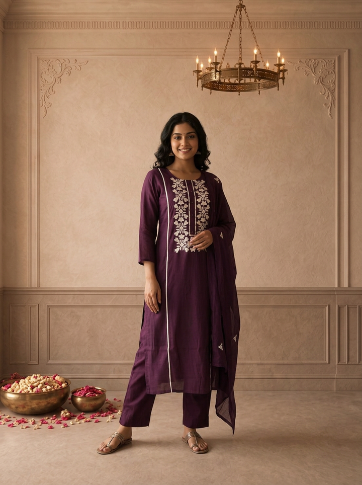 Wine Muslin Geometric Floral Embroidered Three Piece Set