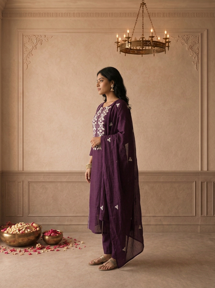 Wine Muslin Geometric Floral Embroidered Three Piece Set