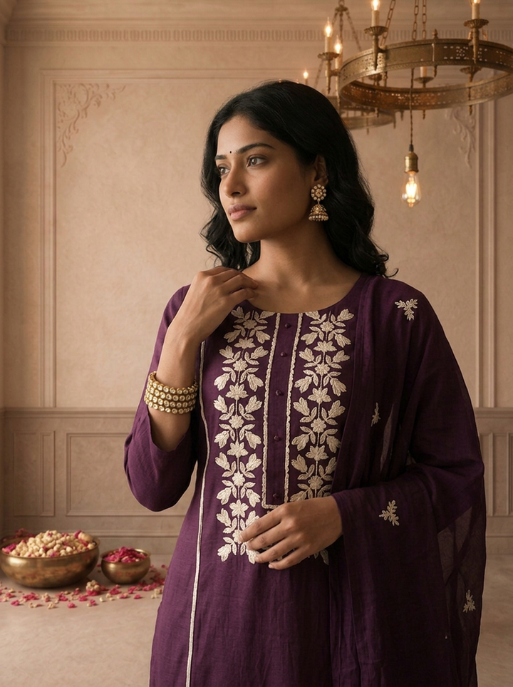 Wine Muslin Geometric Floral Embroidered Three Piece Set