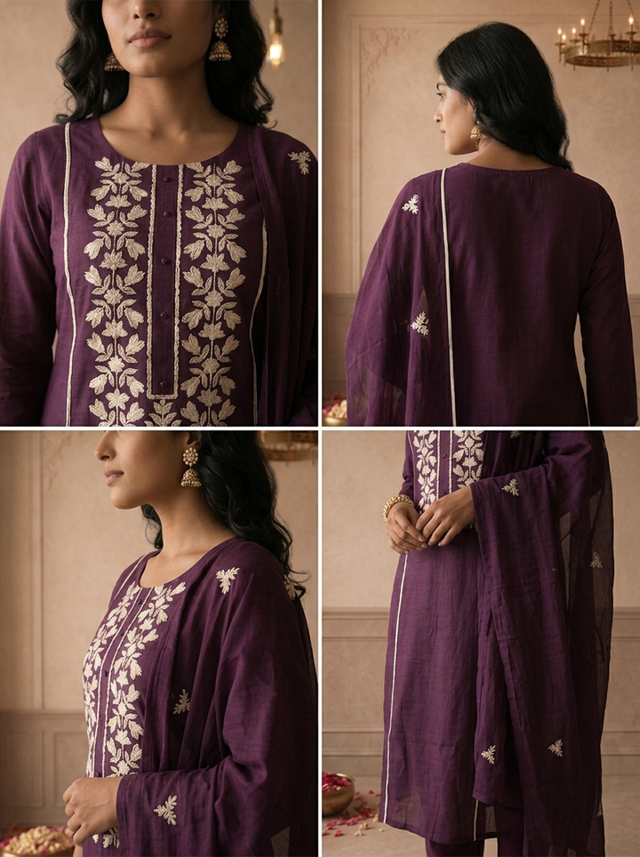 Wine Muslin Geometric Floral Embroidered Three Piece Set