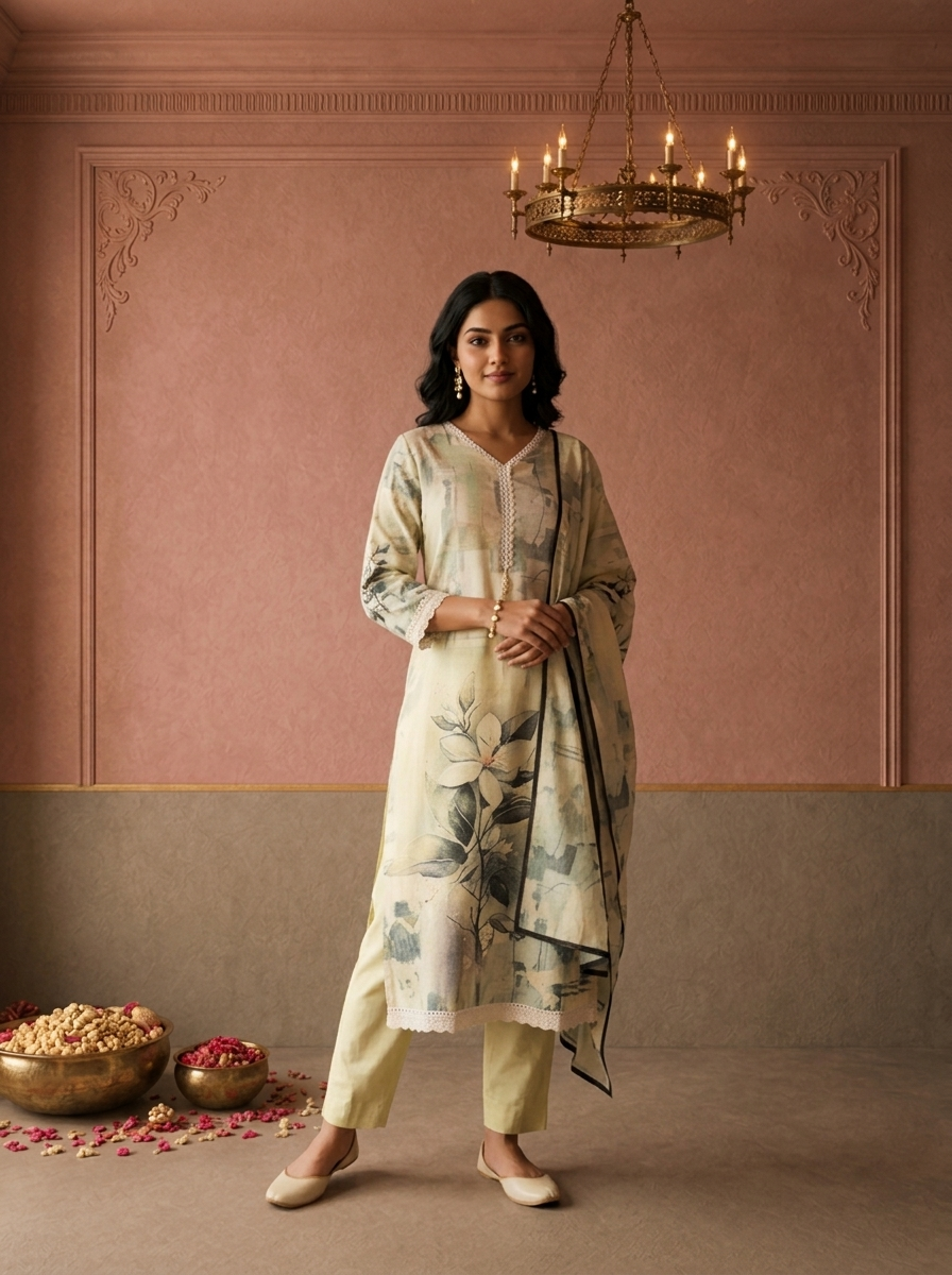 Pista Cotton Watercolor Floral Printed Three Piece Set