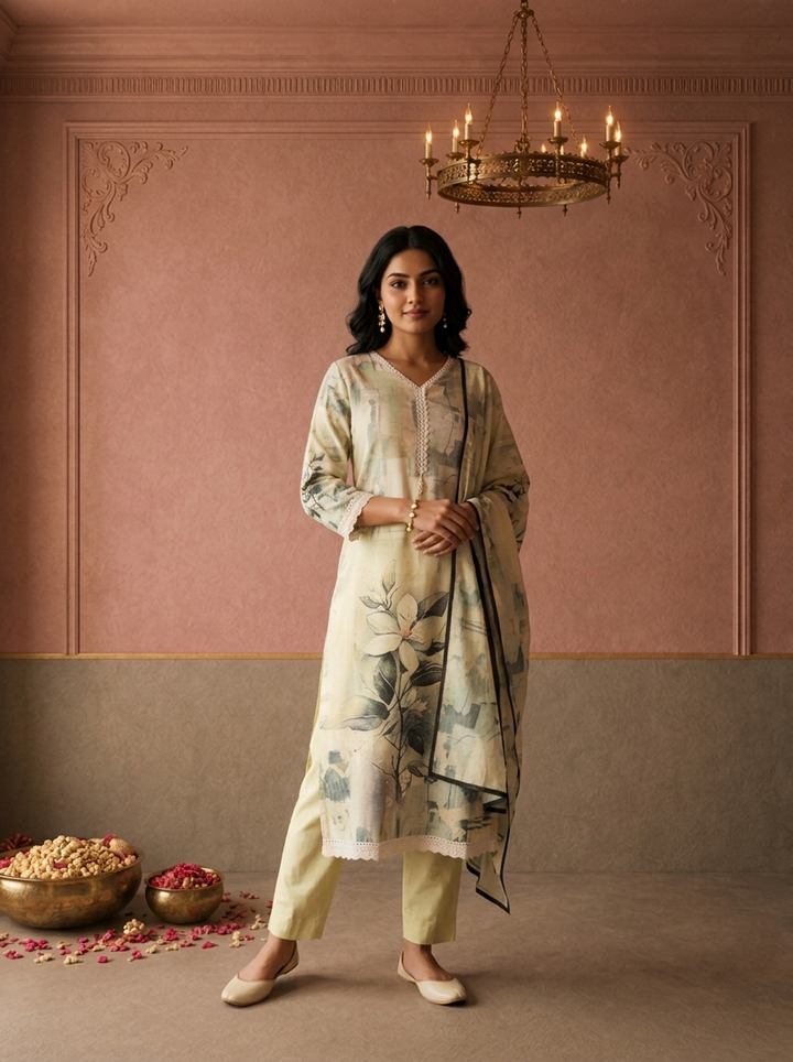 Pista Cotton Watercolor Floral Printed Three Piece Set