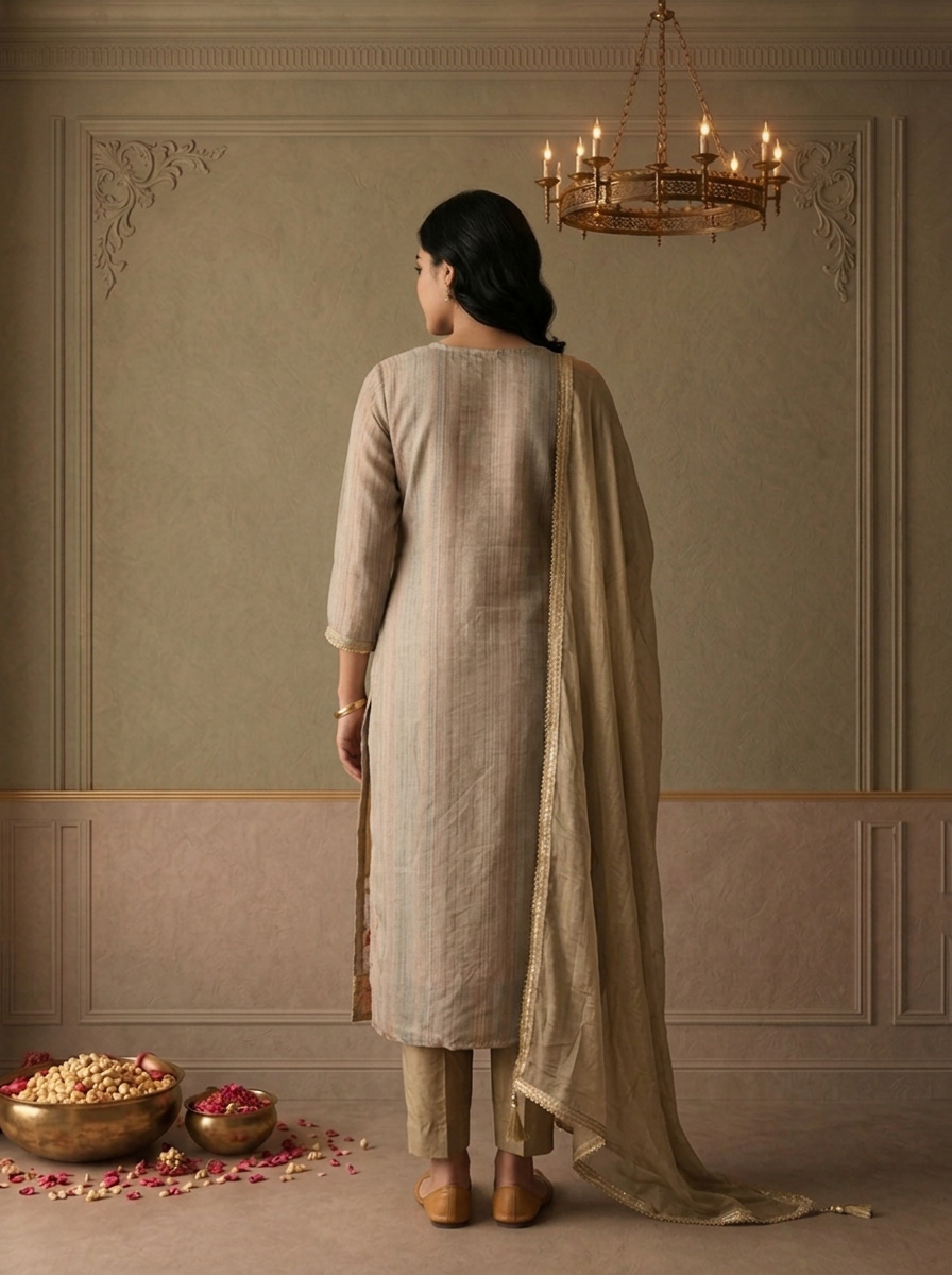 Beige Chanderi Multicolor Lotus Floral Weaved Three Piece Set