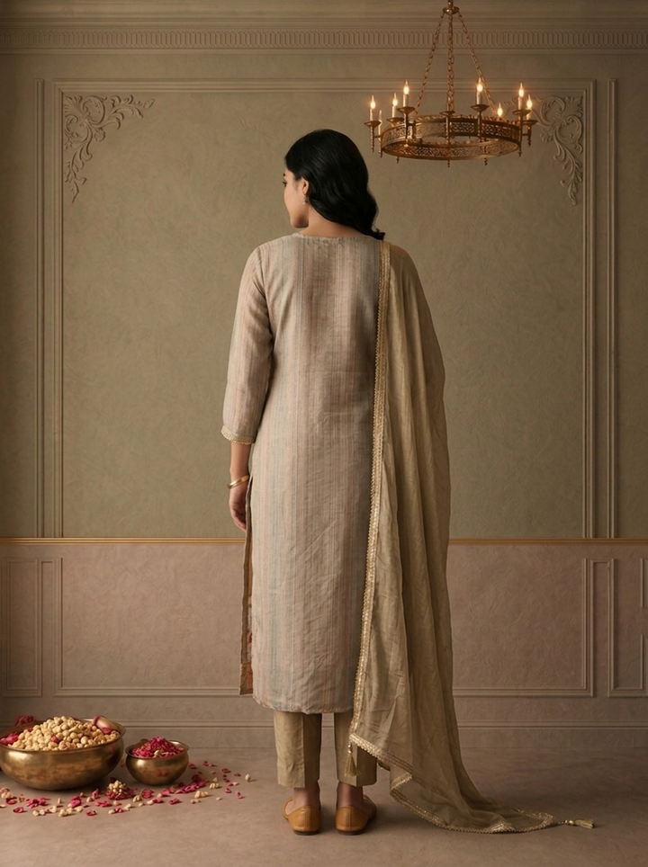 Beige Chanderi Multicolor Lotus Floral Weaved Three Piece Set