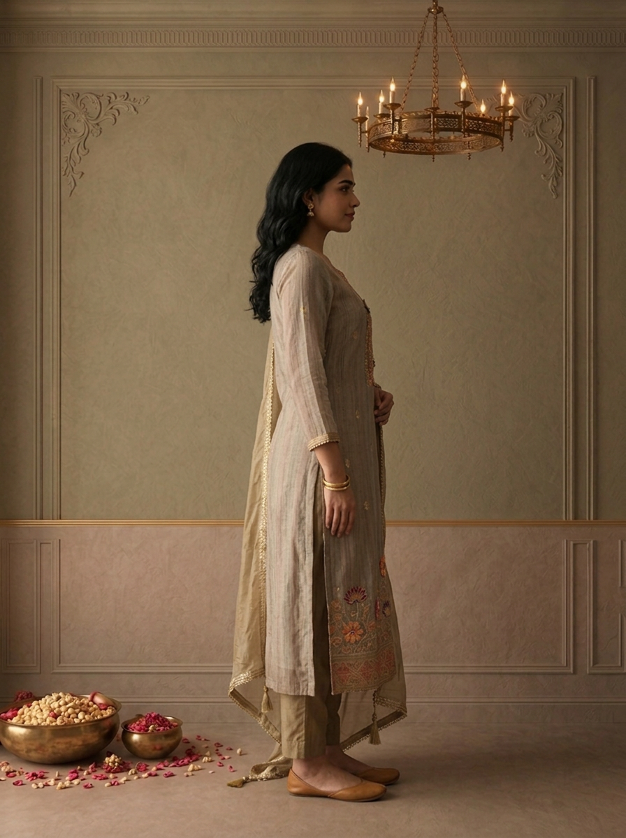 Beige Chanderi Multicolor Lotus Floral Weaved Three Piece Set