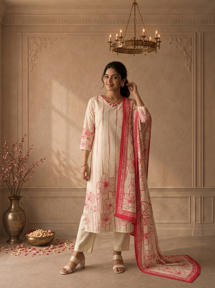 Pink Cotton Line Art Floral Printed Three Piece Set