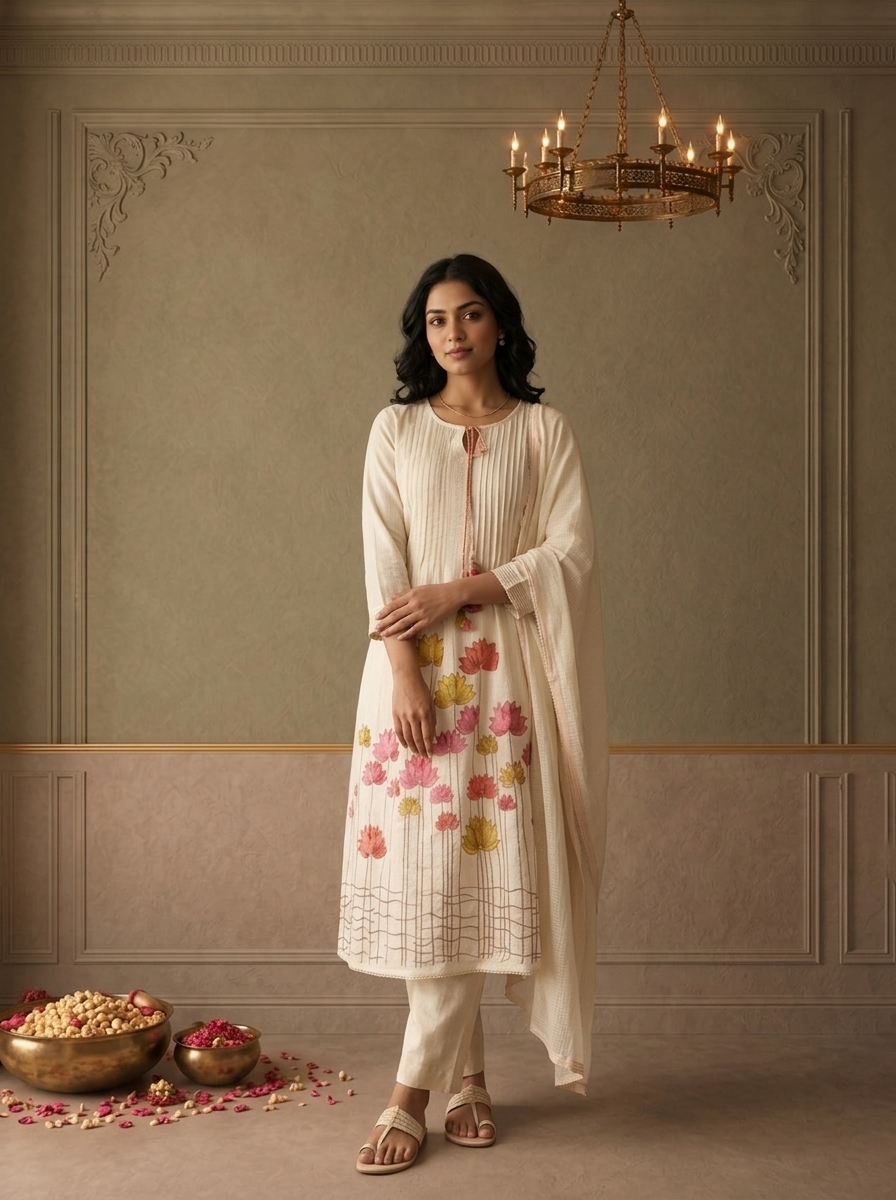 Cream Cotton Multicolor Lotus Floral Embroidered Three Piece Set