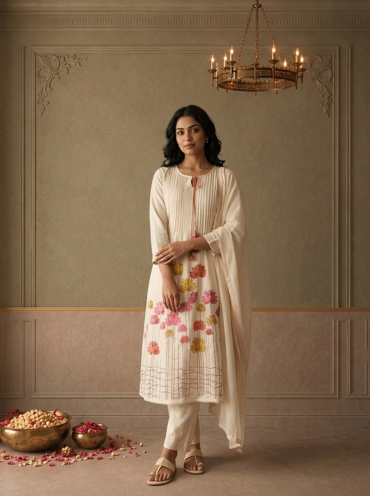 Cream Cotton Multicolor Lotus Floral Embroidered Three Piece Set