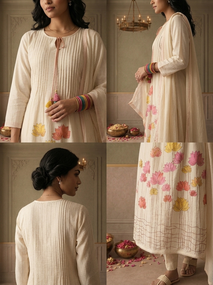 Cream Cotton Multicolor Lotus Floral Embroidered Three Piece Set