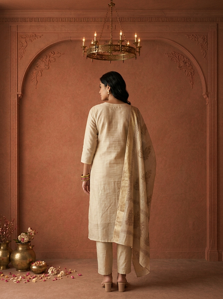 Beige Chanderi Silk Paisley Block Thread Embroidered Three Piece Set