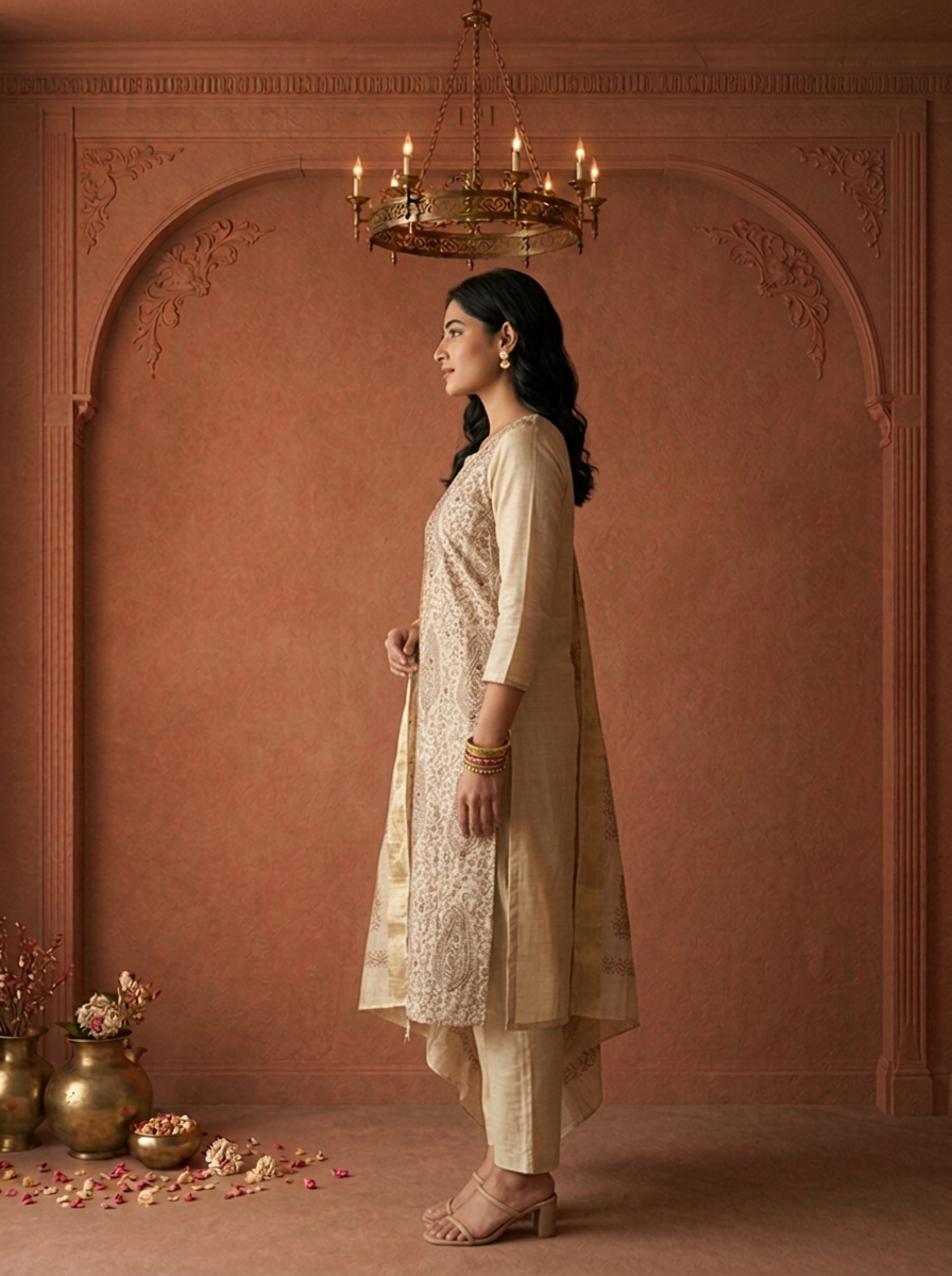 Beige Chanderi Silk Paisley Block Thread Embroidered Three Piece Set