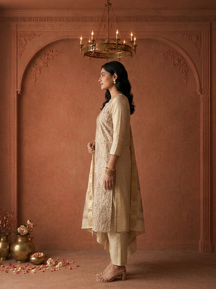 Beige Chanderi Silk Paisley Block Thread Embroidered Three Piece Set