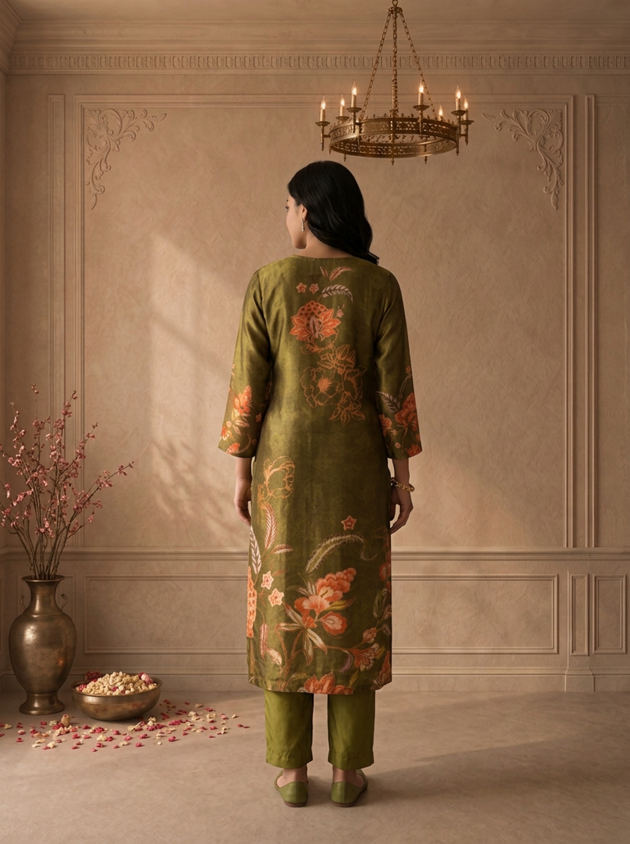 Olive Tissue Floral Digital Printed Three Piece Set