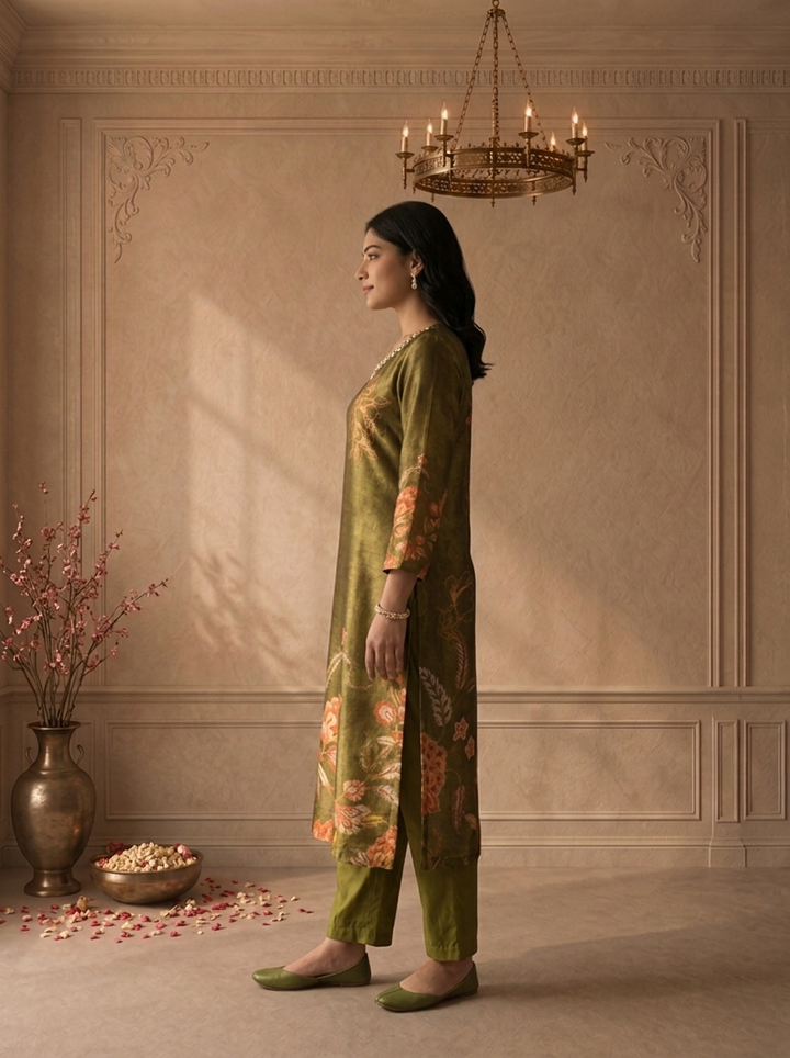 Olive Tissue Floral Digital Printed Three Piece Set