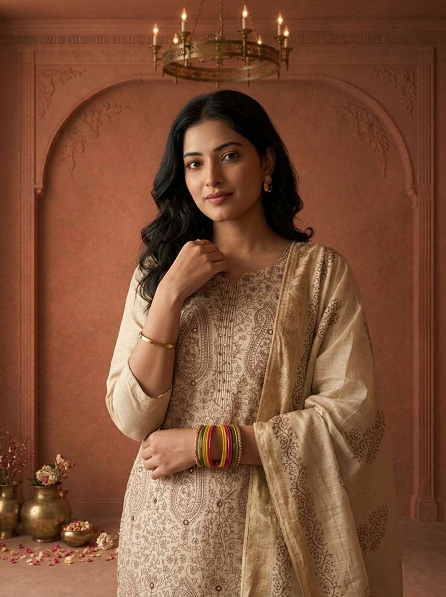 Beige Chanderi Silk Paisley Block Thread Embroidered Three Piece Set