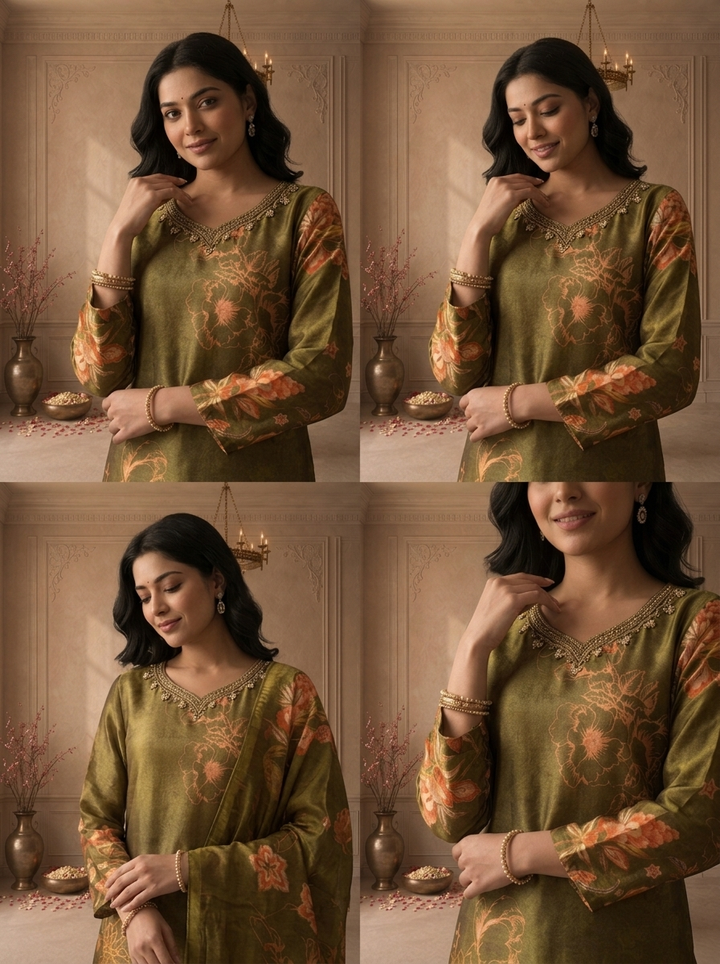 Olive Tissue Floral Digital Printed Three Piece Set