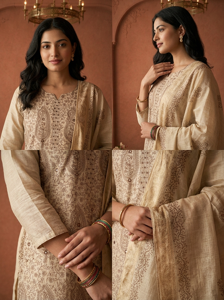 Beige Chanderi Silk Paisley Block Thread Embroidered Three Piece Set