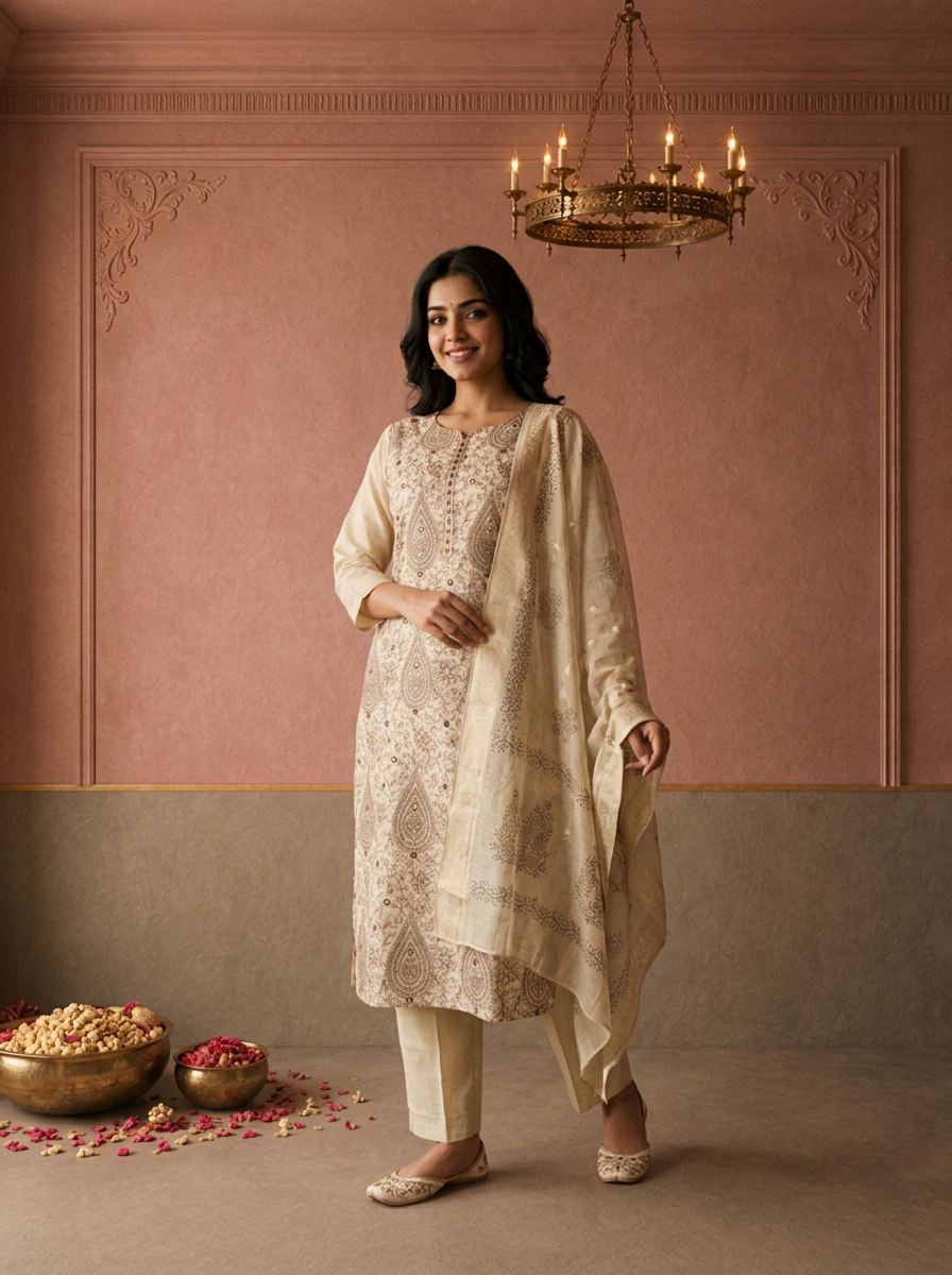 Beige Chanderi Silk Block Thread Embroidered Three Piece Set