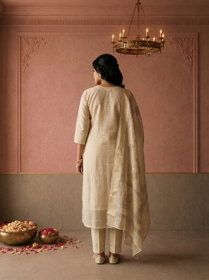 Beige Chanderi Silk Block Thread Embroidered Three Piece Set