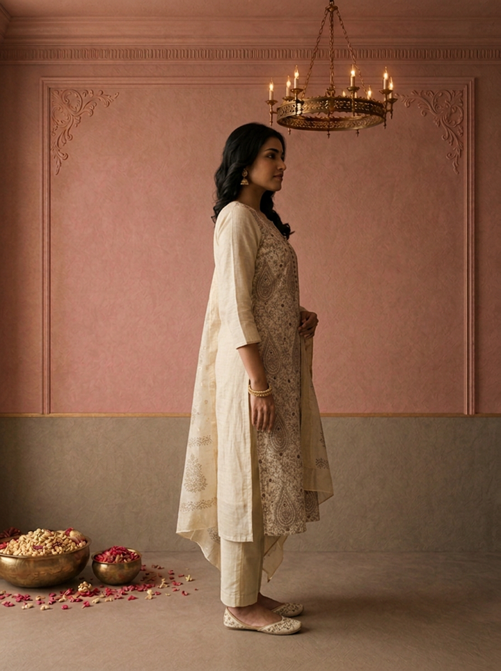 Beige Chanderi Silk Block Thread Embroidered Three Piece Set