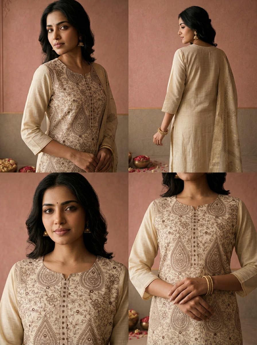 Beige Chanderi Silk Block Thread Embroidered Three Piece Set