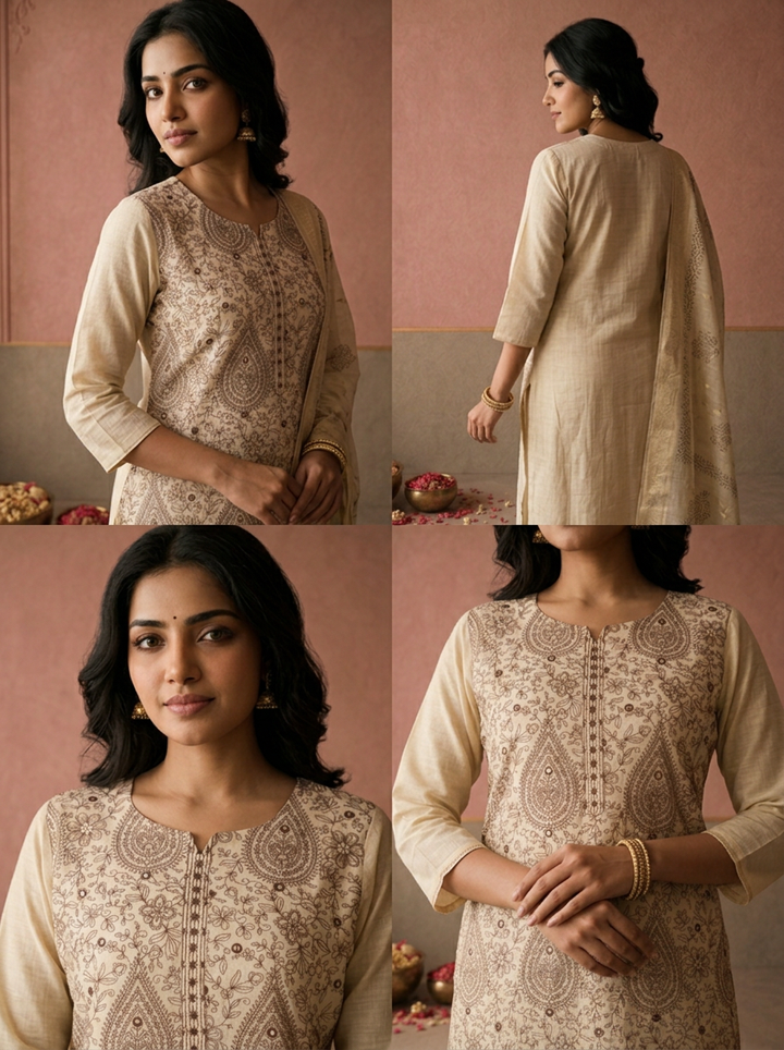 Beige Chanderi Silk Block Thread Embroidered Three Piece Set