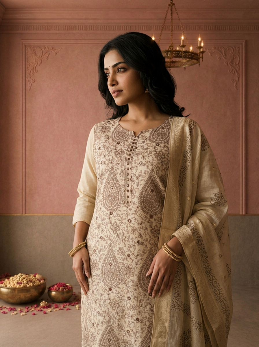 Beige Chanderi Silk Block Thread Embroidered Three Piece Set
