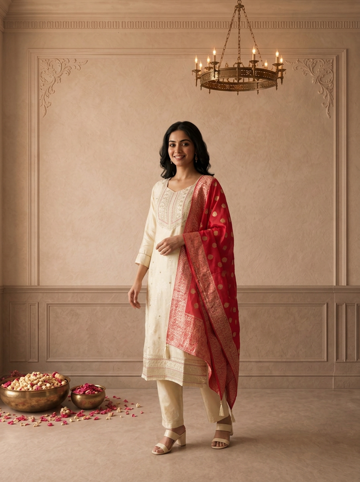 Cream Tissue Floral Weaved Three Piece Set