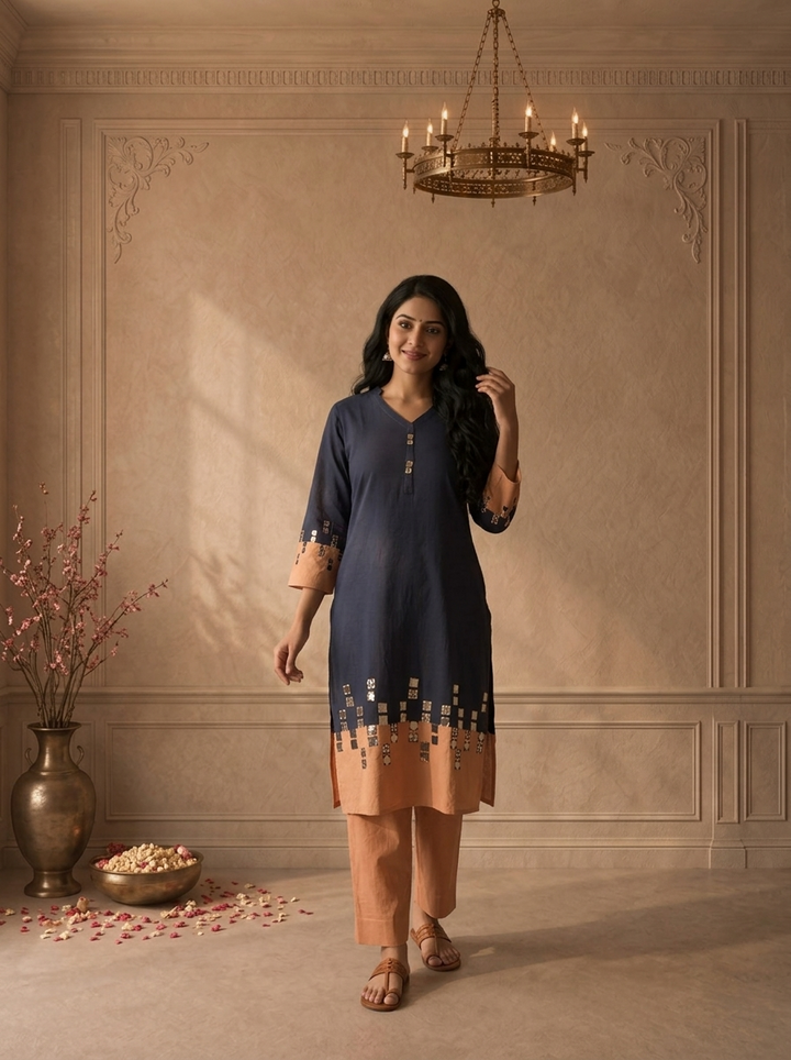 Navy Blue Cotton Mirror Work Colour Block Embroidered Two Piece Set