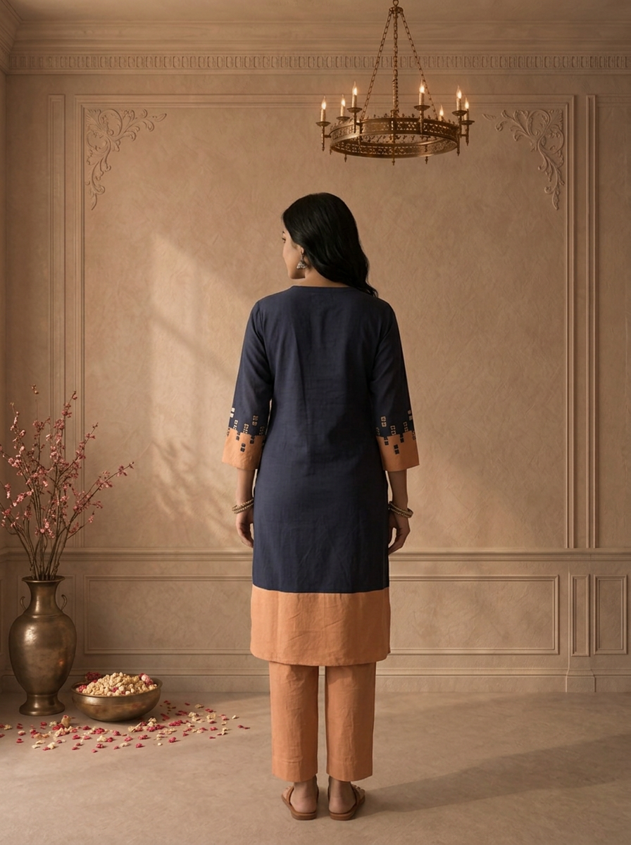 Navy Blue Cotton Mirror Work Colour Block Embroidered Two Piece Set