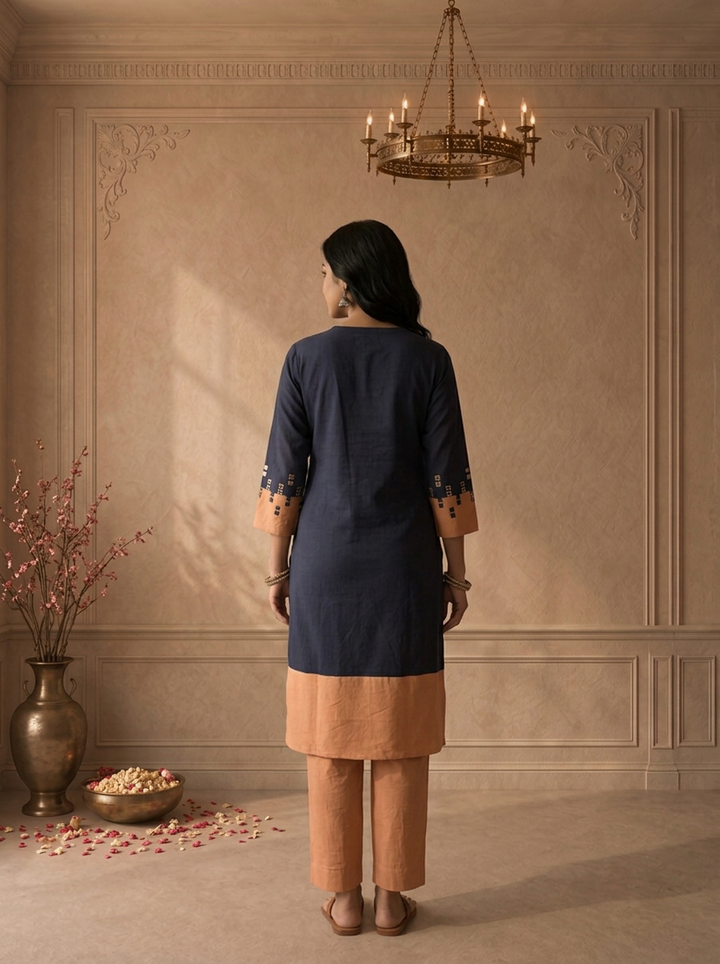 Navy Blue Cotton Mirror Work Colour Block Embroidered Two Piece Set