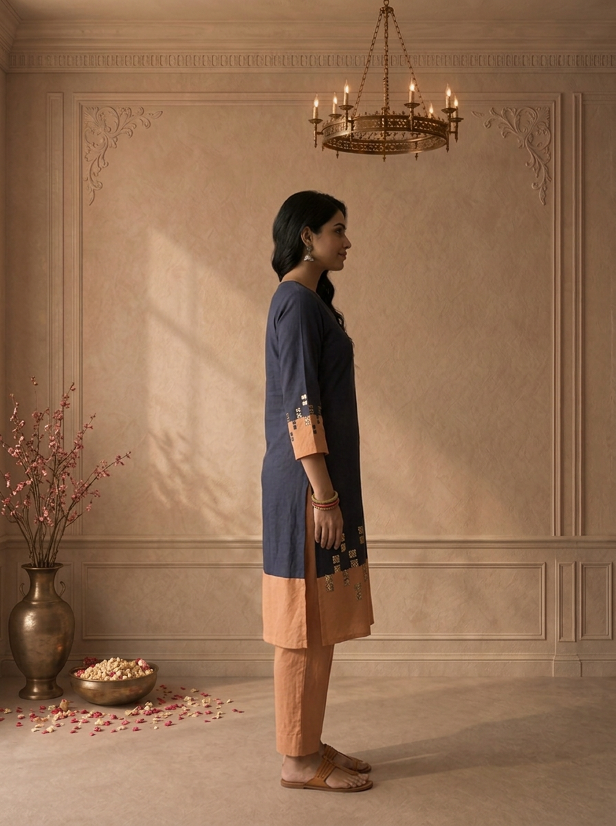 Navy Blue Cotton Mirror Work Colour Block Embroidered Two Piece Set