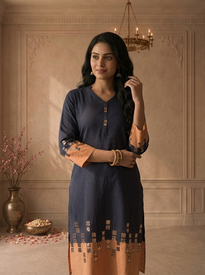 Navy Blue Cotton Mirror Work Colour Block Embroidered Two Piece Set