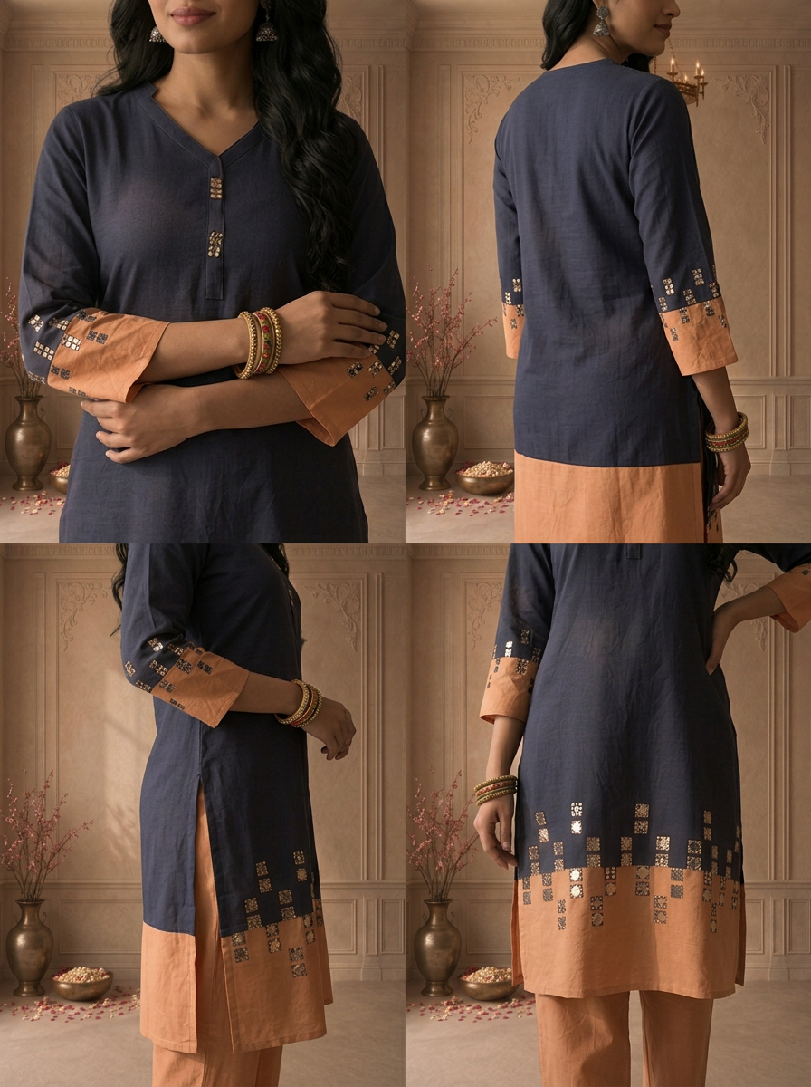 Navy Blue Cotton Mirror Work Colour Block Embroidered Two Piece Set