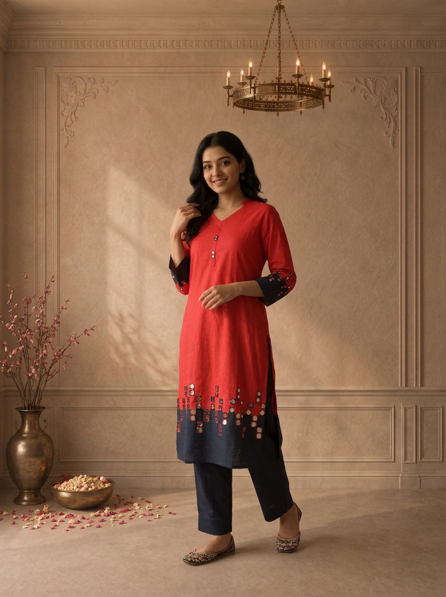 Red Cotton Mirror Work Colour Block Embroidered Two Piece Set