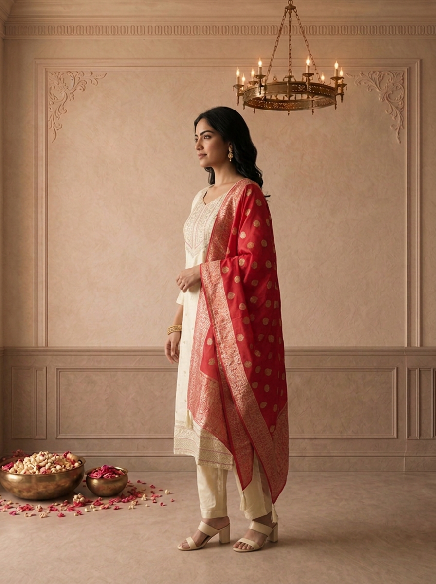 Cream Tissue Floral Weaved Three Piece Set
