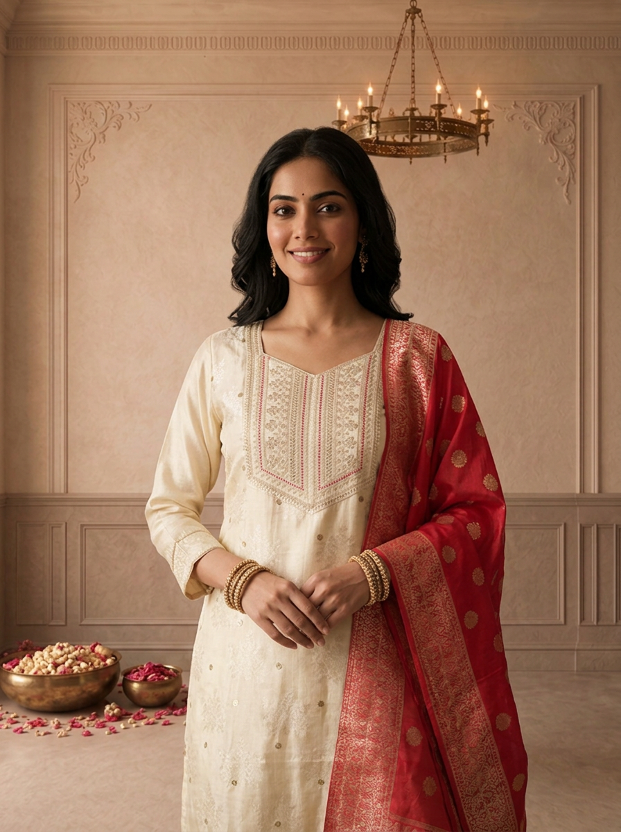 Cream Tissue Floral Weaved Three Piece Set