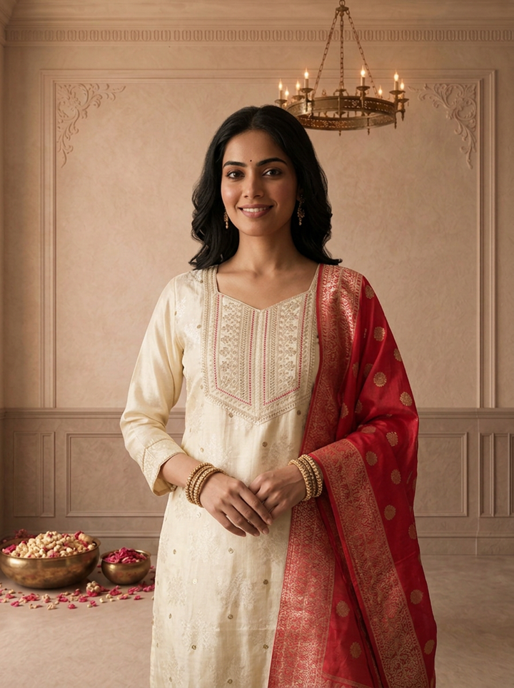 Cream Tissue Floral Weaved Three Piece Set