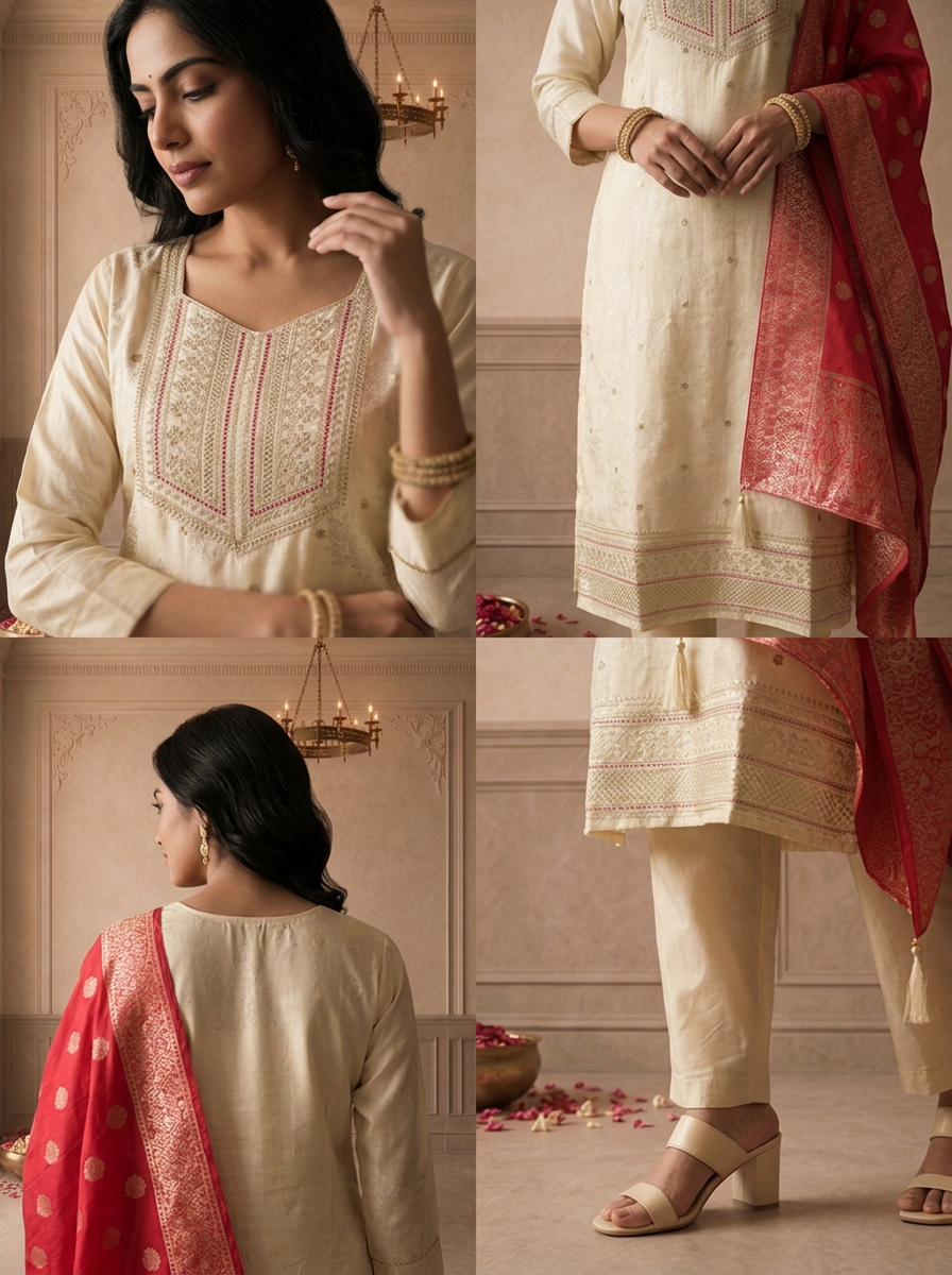 Cream Tissue Floral Weaved Three Piece Set