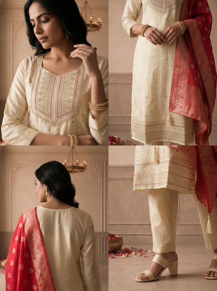 Cream Tissue Floral Weaved Three Piece Set