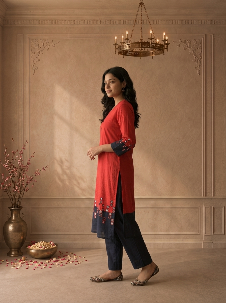 Red Cotton Mirror Work Colour Block Embroidered Two Piece Set