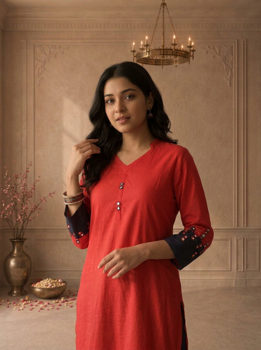 Red Cotton Mirror Work Colour Block Embroidered Two Piece Set