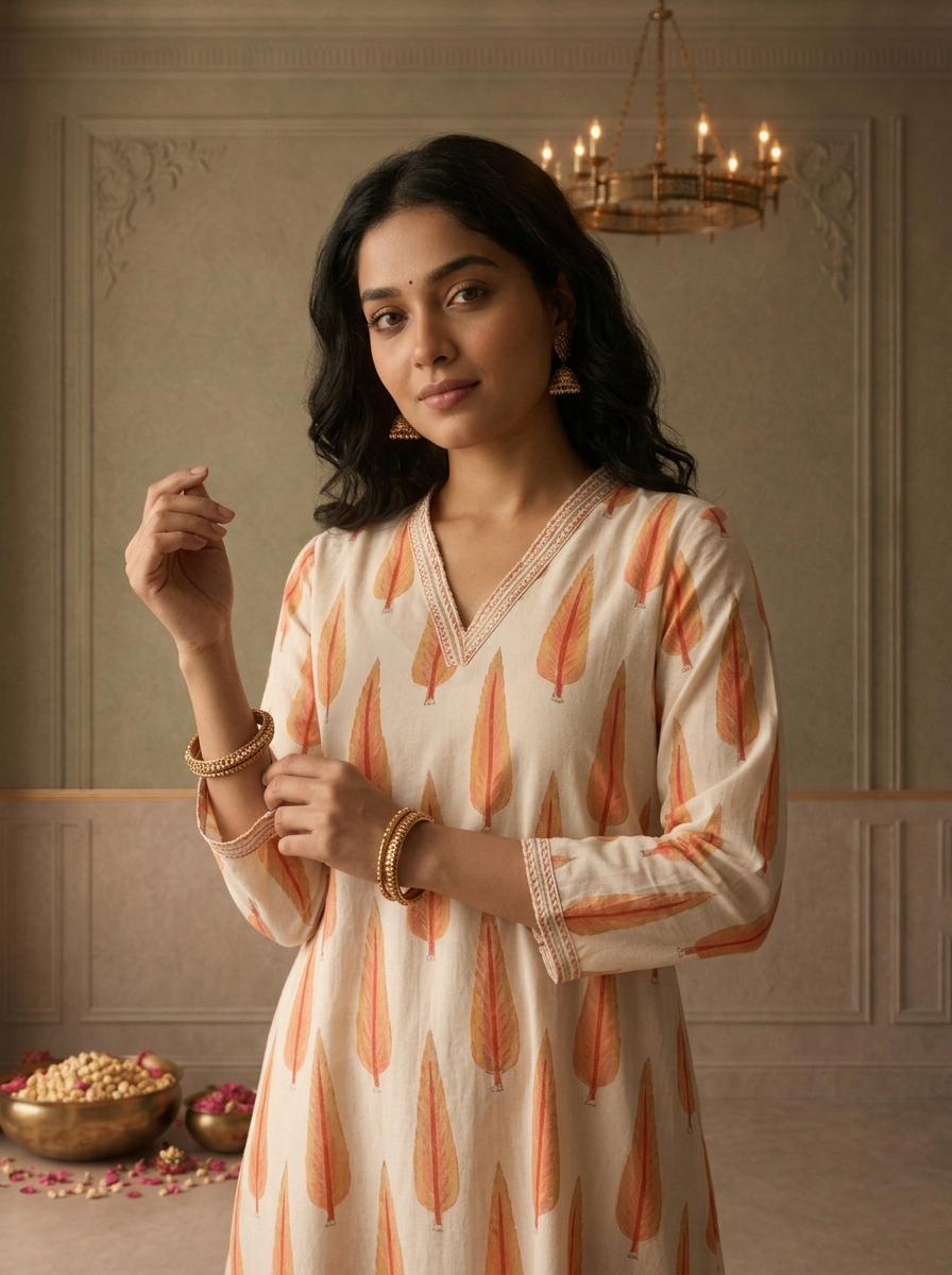 Orange Cotton Cypress Leaf Printed Two Piece Set