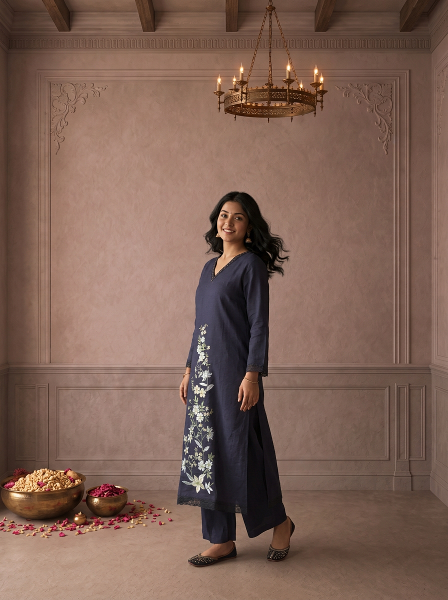 Navy Blue Linen Floral Vine Embroidered Two Piece Set