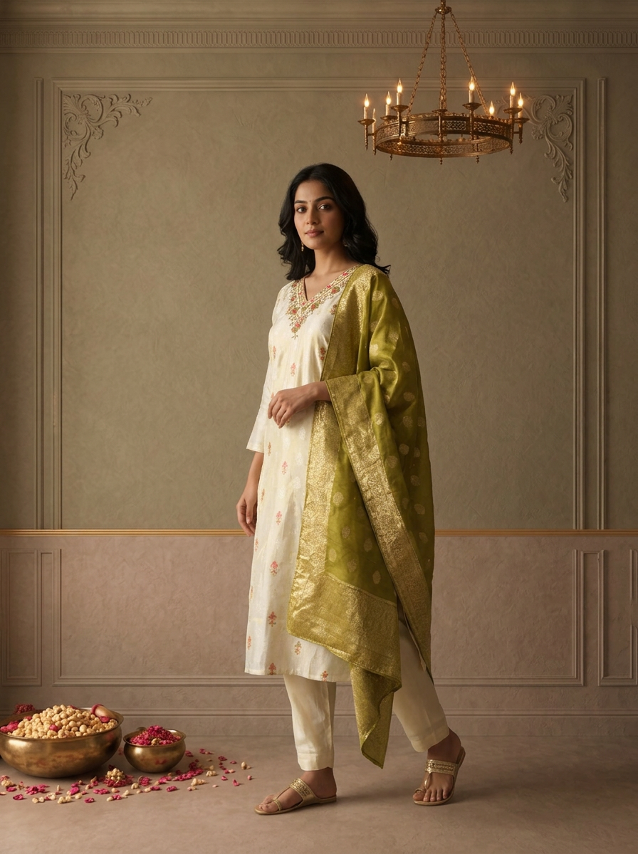 Mehadi Green Chanderi Silk Ethnic Embroidered Three Piece Set