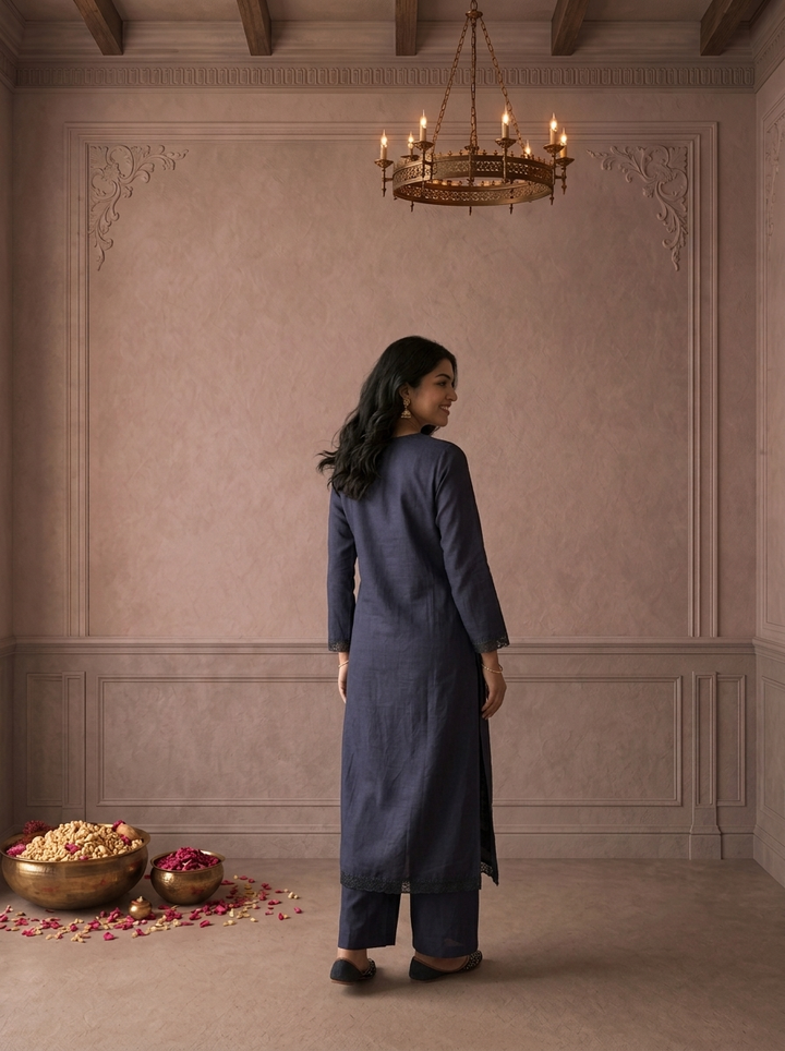 Navy Blue Linen Floral Vine Embroidered Two Piece Set