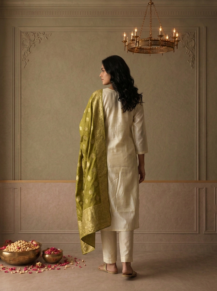 Mehadi Green Chanderi Silk Ethnic Embroidered Three Piece Set