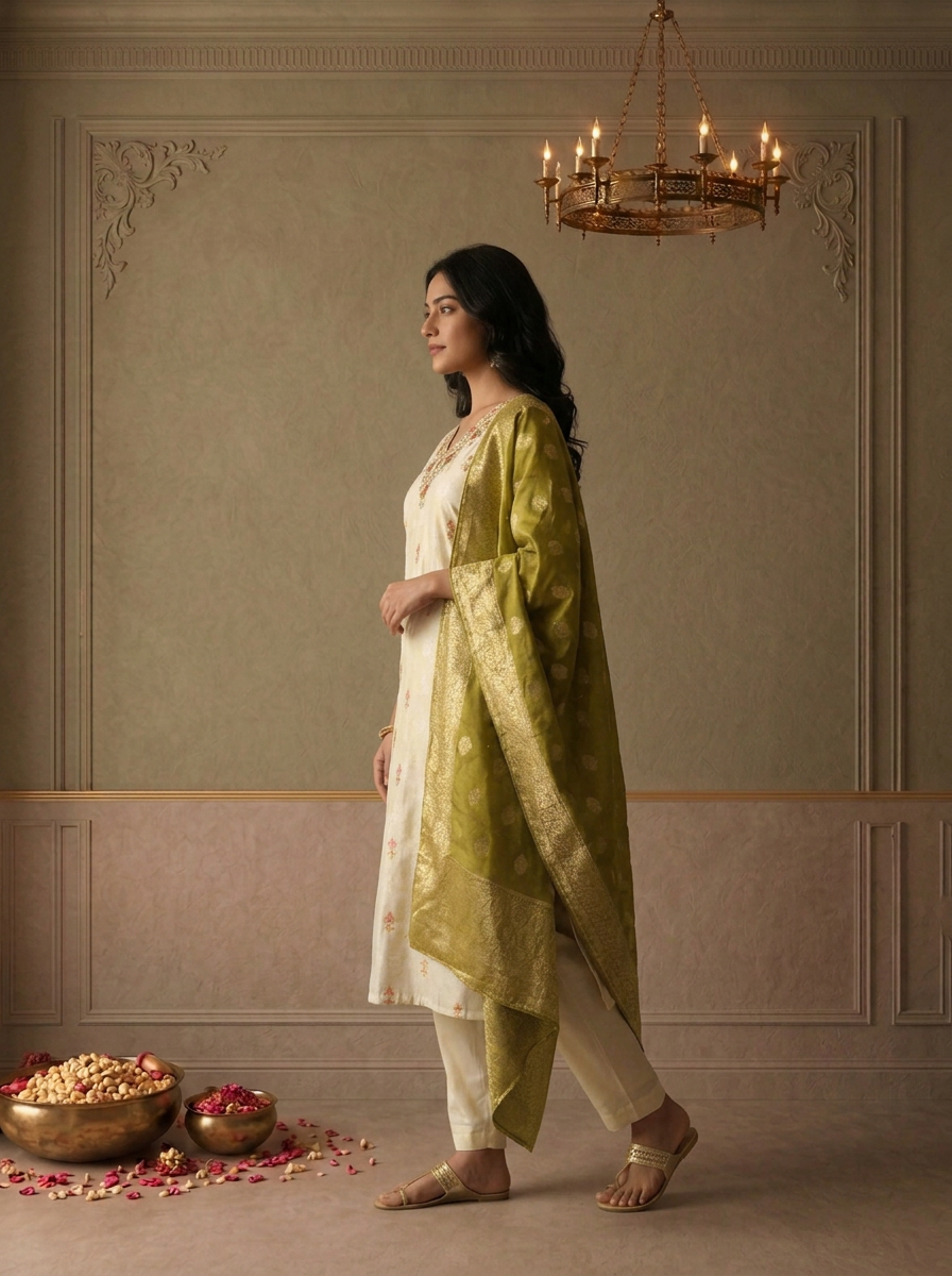 Mehadi Green Chanderi Silk Ethnic Embroidered Three Piece Set