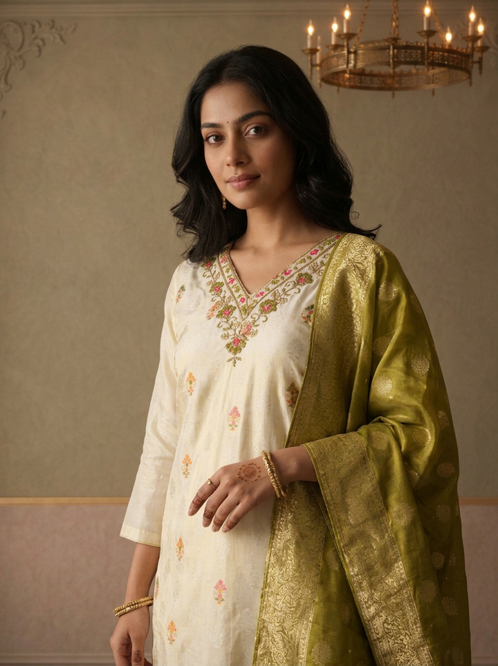 Mehadi Green Chanderi Silk Ethnic Embroidered Three Piece Set