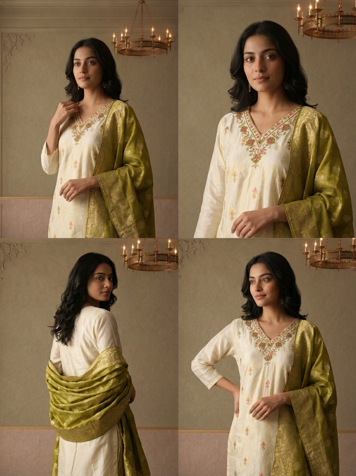 Mehadi Green Chanderi Silk Ethnic Embroidered Three Piece Set